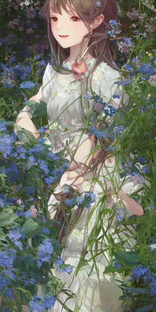 Image similar to a digital art of a loli with long hair in a dress in the privet garden at after noon, green and blue and warm theme, back lighting, by krenz cushart and mucha and akihito yoshida and greg rutkowski and makoto shinkai, detailed eyes, 4 k resolution, trending on art station