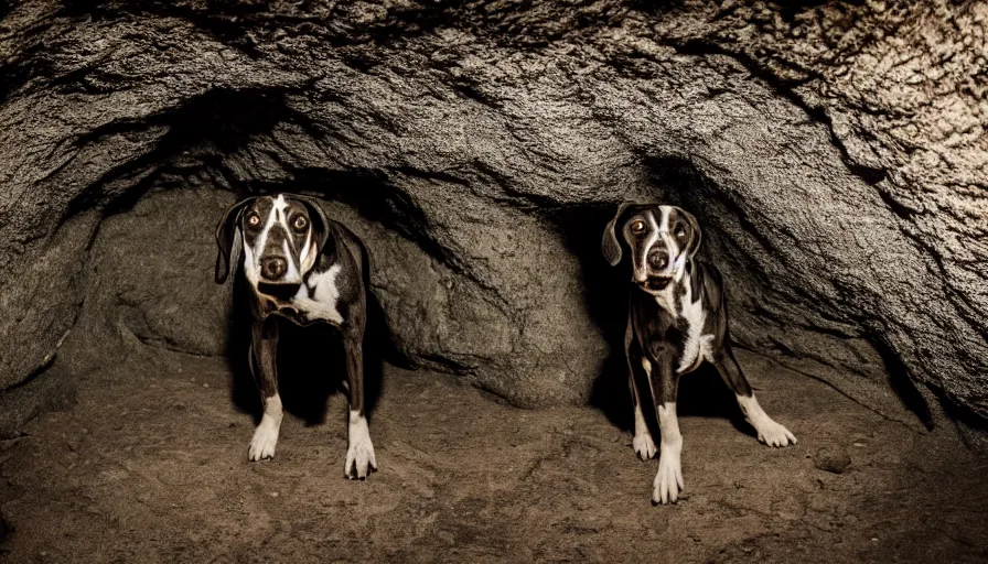 Image similar to a photo of a hound dog, in a dark cave, photography