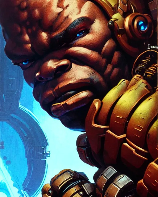 Image similar to doomfist from overwatch, character portrait, portrait, close up, concept art, intricate details, highly detailed, vintage sci - fi poster, retro future, vintage sci - fi art, in the style of chris foss, rodger dean, moebius, michael whelan, and gustave dore