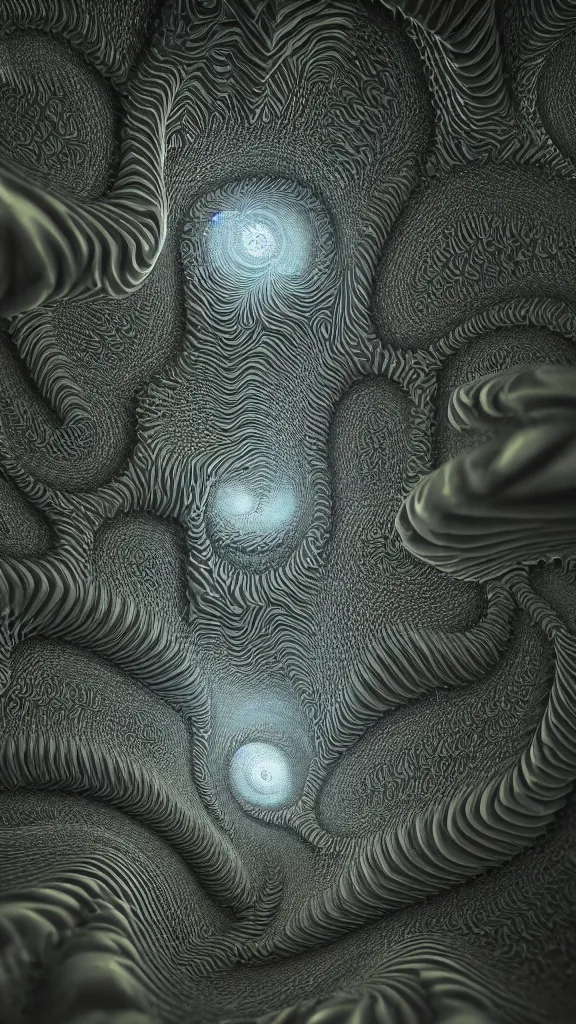 Image similar to 3d fractal wallpaper by Escher, magic tree, dmt, tripy, psychedelic, mandelbulb 3d, digital art, high details, depth of field, hard lighting, trending on artstation, deviantart, octane render, HD, 8k, low light, black background
