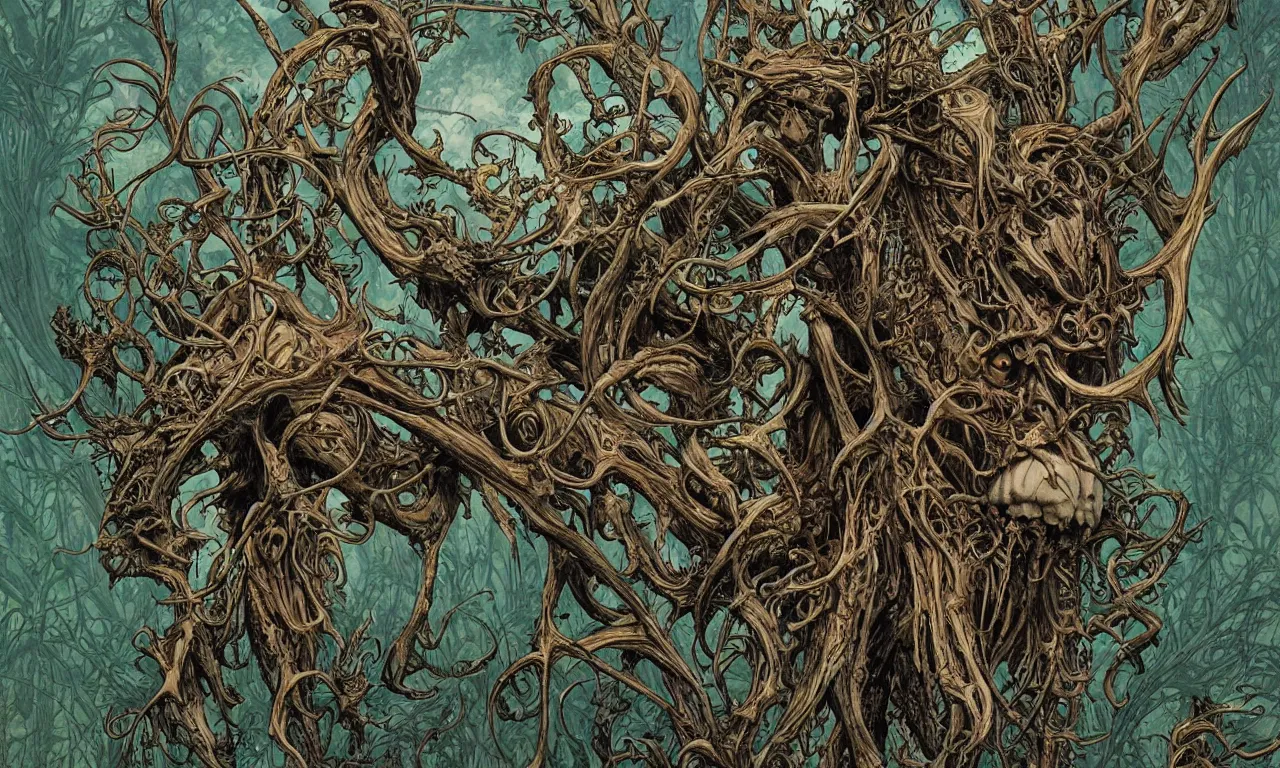 Image similar to hyperdetailed art nouveau portrait of treebeard as a cthulhu eyeball skull wendigo dragon werewolf, by geof darrow, simon bisley and bill sienkiewicz, grim yet sparkling atmosphere, photorealism, claws, skeleton, antlers, fangs, forest, wild, crazy, horror, lynn varley, lovern kindzierski, steve oliff