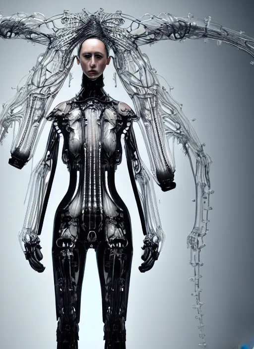 Image similar to iris van herpen gothic inflateble dark dress, perfect symmetrical body, helmet on face, full body shot, inflateble shapes, wires, tubes, veins, jellyfish, white biomechanical details, wearing epic bionic cyborg implants, masterpiece, intricate, biopunk, vogue, highly detailed, artstation, concept art, cyberpunk, octane render