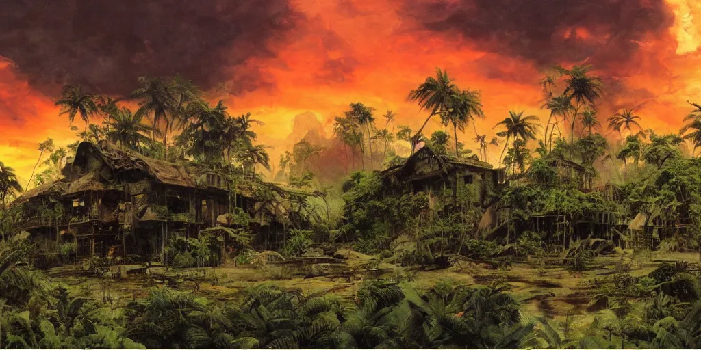 Prompt: lavish residence in a jungle, moody sunset and dramatic sky , oil painting by frazetta, low angle, postapocalyptic, cinemascope panorama