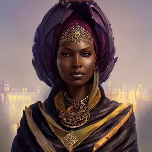 Image similar to somali empress, D&D, fantasy, portrait, highly detailed, digital painting, trending on artstation, concept art, sharp focus, illustration, art by artgerm and greg rutkowski and magali villeneuve