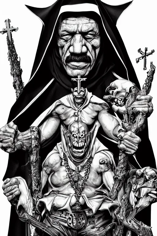 Image similar to Danny Trejo as church nun, dark fantasy, highly detailed, artstation, manga illustration by Kentaro Miura berserk