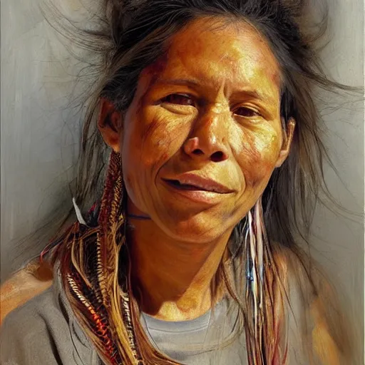 Image similar to high quality high detail painting by jenny saville, hd, a skinny beautiful indigenous woman tribe leader, hair in wind, photorealistic lighting