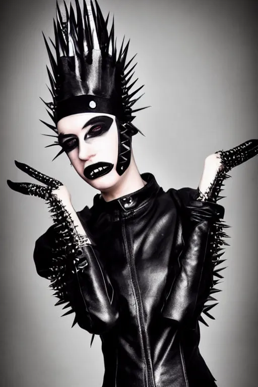 Image similar to a non - binary kenyan teenager in a black leather outfit with spikes on her head, a high fashion character portrait by christen dalsgaard, featured on behance, gothic art, androgynous, genderless, gothic