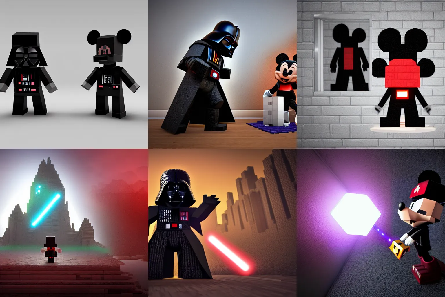 Prompt: Darth Vader worshipping minecraft Mickey Mouse, photo realistic, high detail, volumetric lighting
