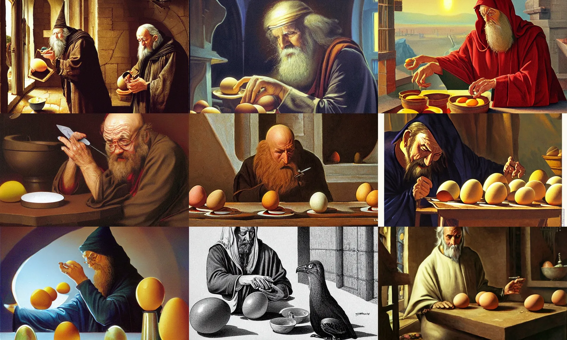 Prompt: Pensive Wizard examines eggs with calipers, by Hildebrandt