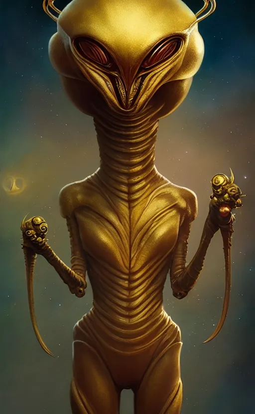 Image similar to exquisite imaginative alien creature poster art, humanoid, gold, movie art, by lucusfilm, weta studio, tom bagshaw, james jean, frank frazetta, 8 k, denoised