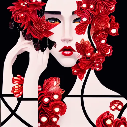 Image similar to breathtaking detailed concept art painting art deco pattern black red flowers and diamonds by hsiao - ron cheng, bizarre compositions, exquisite detail