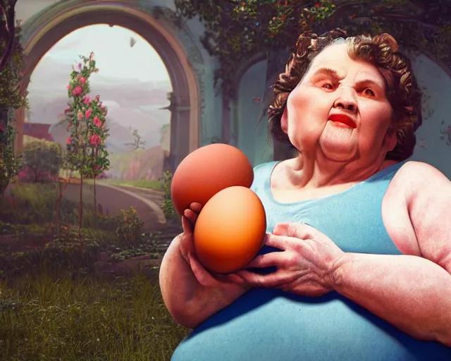 Image similar to of a very beautiful scene. ambient occlusion render. a sweet fat old woman is nursing a beautiful colorful huge egg. hyper realistic. 4 k. wide angle. baroque style. wild. symmetrical face, red mouth, blue eyes. deep focus, lovely scene. ambient occlusion render. concept art. unreal engine.