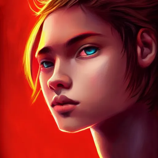 Image similar to colorful and festive captivating teenager with straight brown hair covering his eye, dark skin, big lips, big eyes, wearing a red t - shirt. rich vivid colors, ambient lighting, dynamic lighting, 4 k, atmospheric lighting, painted, intricate, highly detailed by charlie bowater