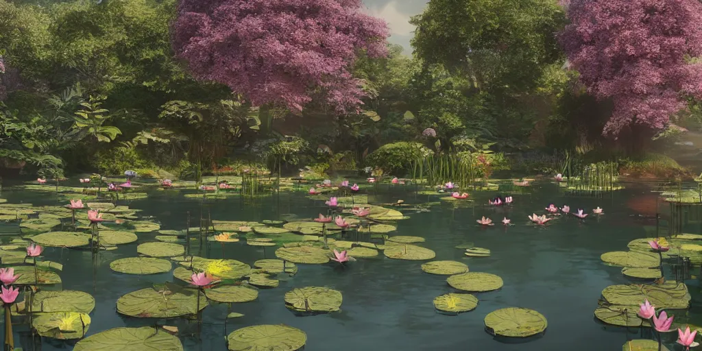 Image similar to dreamy pond full of lotus flowers, concept art, render by octane and blender, hyper realistic, cinematic lighting, unreal engin 5, by krenz cushart, 8 k, vray render, artstation, deviantart