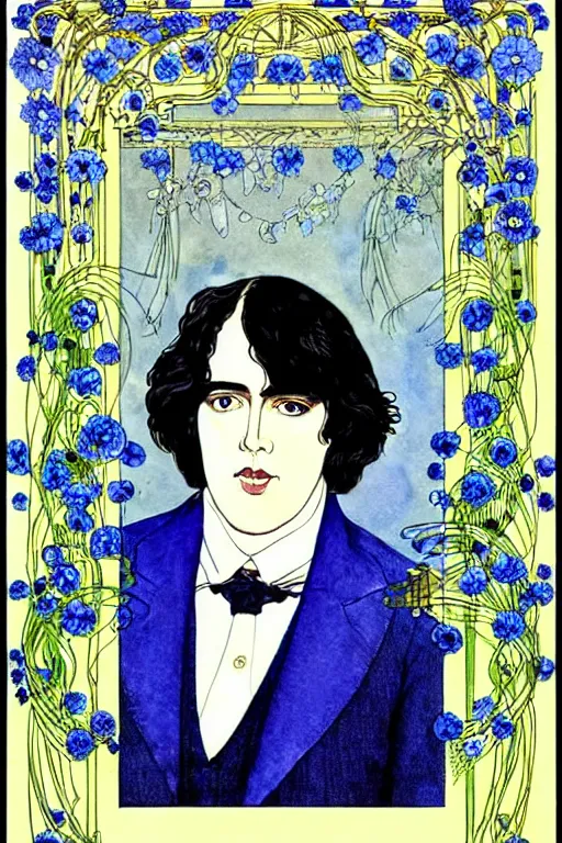 Prompt: realistic portrait of oscar wilde in the center of an ornate floral frame with blue meconopsis, detailed art by kay nielsen and walter crane, illustration style, watercolor
