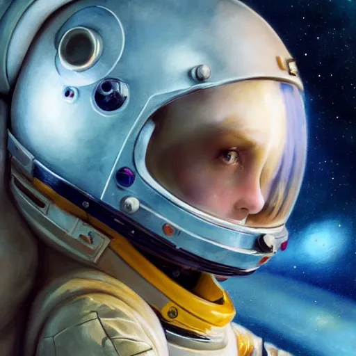 Prompt: rough and moody, colorful, close up, highly detailed painting, science fiction, isolated awkward brilliant female blond teenage tomboy girl with short hair, in spacesuit, holding helmet, in airlock, anxious, octane render, artstation, michael whelan, ron cobb, digital illustration