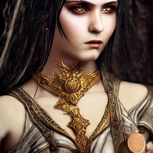 Image similar to beautiful female cleric with long black hair and a golden eye, focus on face, jewellery, piercings, fantasy, medieval, still, photograph, highly detailed, cinematic, romani descent, dramatic, dynamic lighting, award winning, masterpiece, trending on artstation