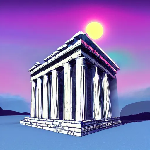 Image similar to ancient greek structure in the moon, retrowave epic art, trending on art station