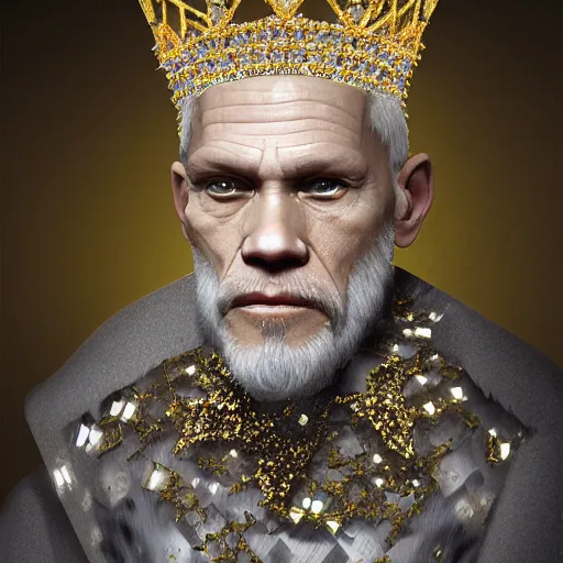 Prompt: John Malkovich with a diamond jeweled crown with a golden crown, photorealistic, highly detailed, 8k, in the art style of Filip Hodas, 8k