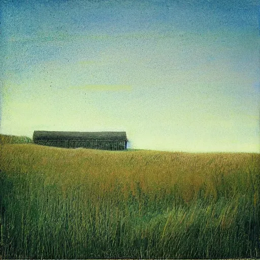 Image similar to “a soft prairie landscape during august, late afternoon, in the style of Andrew Wyeth”