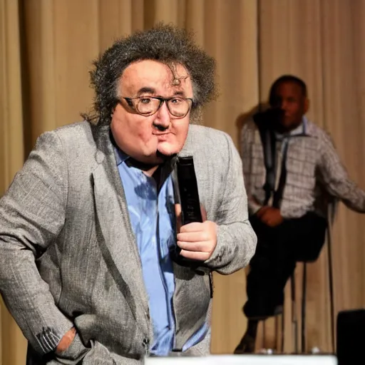 Image similar to albano drunk on a stage, bottle, journalist photo