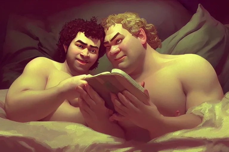 Image similar to russian poet alexander pushkin and shrek together in bed, portrait, highly detailed, digital painting, artstation, concept art, smooth, sharp focus, illustration, cinematic lighting, art by artgerm and greg rutkowski and alphonse mucha