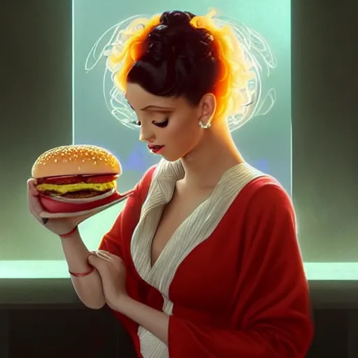 Image similar to portrait of Cardi B eating mcdonald's big mac hamburgers, extra onions and ketchup, luscious patty with sesame seeds, feminine ethereal, handsome, D&D, fantasy, intricate, elegant, highly detailed, digital painting, artstation, concept art, matte, sharp focus, illustration, art by Artgerm and Greg Rutkowski and Alphonse Mucha