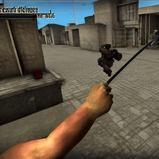 Prompt: a screenshot of a pudge inside a counter strike game, the pudge is holding a hook, the pudge is aiming at ogre magi