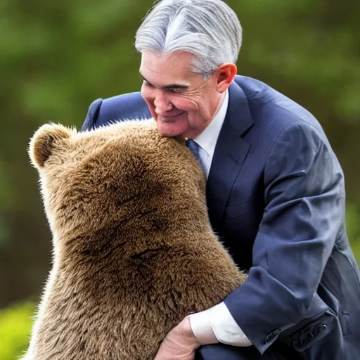 Image similar to Jerome Powell hugging a bear