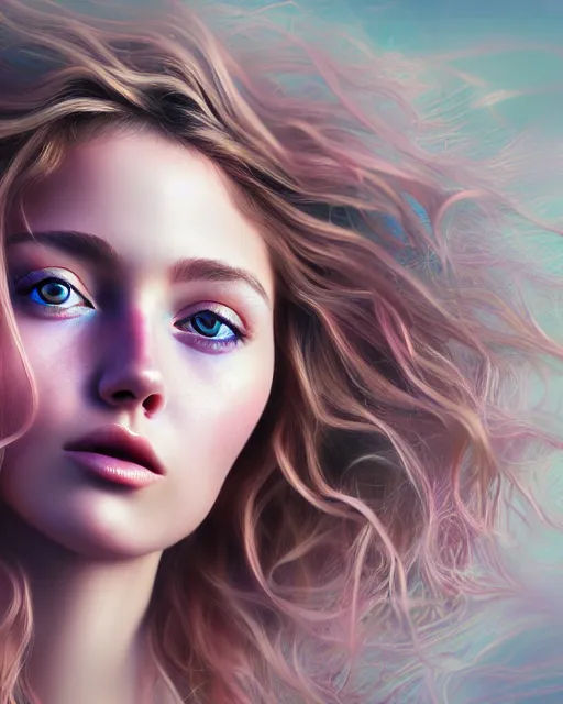 Prompt: hyper - realistic, digital painting, 5 0 mm portrait of a beautiful girl with floral wavy hair, detailed facial anatomy, pastel environment, cinematic lighting, 4 k, sharp focus