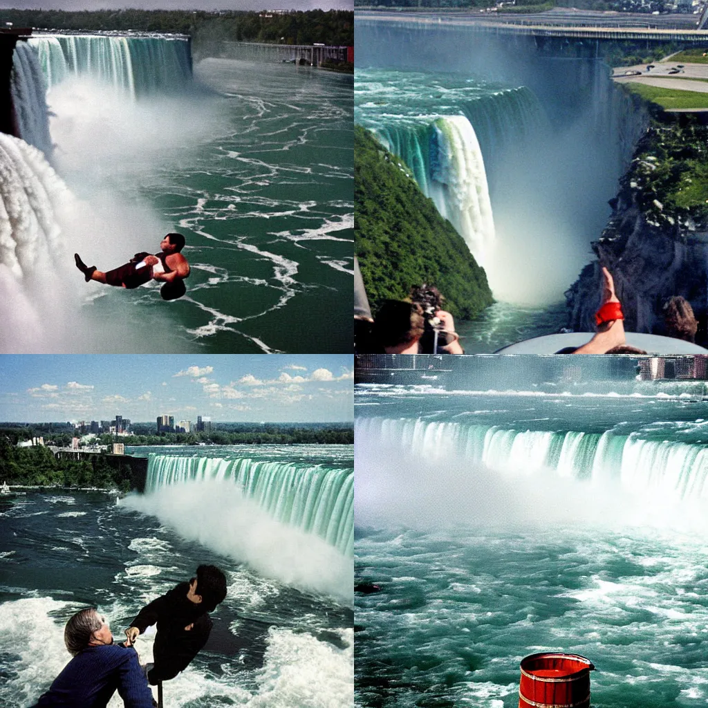 Prompt: John Travolta goes over Niagara Falls in a barrel, color photograph by Linda Eastman