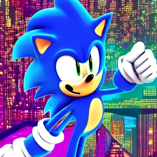 Image similar to sonic in the style of cyberpunk, night, rgb, glow