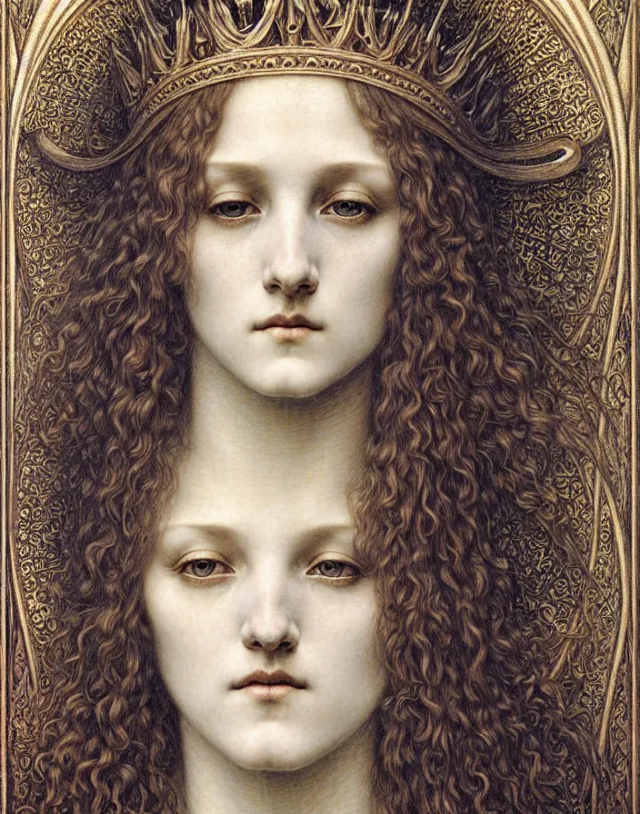 Image similar to detailed realistic beautiful young medieval queen face portrait by jean delville, gustave dore and marco mazzoni, art nouveau, symbolist, visionary, gothic, pre - raphaelite. horizontal symmetry