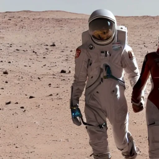 Image similar to elon musk and margot robbie holding hands on mars, highly detailed, hyper realistic