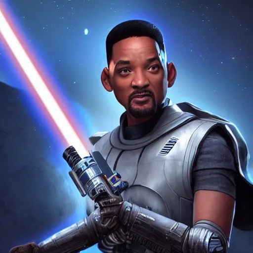 Image similar to will smith as a jedi, starwars, hyper detailed, digital art, trending in artstation, cinematic lighting, studio quality, smooth render, unreal engine 5 rendered, octane rendered