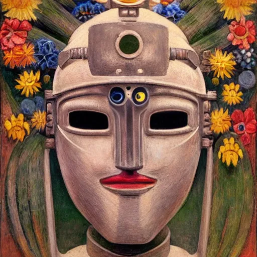 Image similar to masterpiece painting of the head of a robot wearing a mask made of flowers, by annie swynnerton and diego rivera and jean delville and tino rodriguez, flower mask, symbolist, dramatic lighting, god rays, elaborate geometric ornament, art brut, soft cool colors, smooth, sharp focus, extremely detailed, adolf wolfli