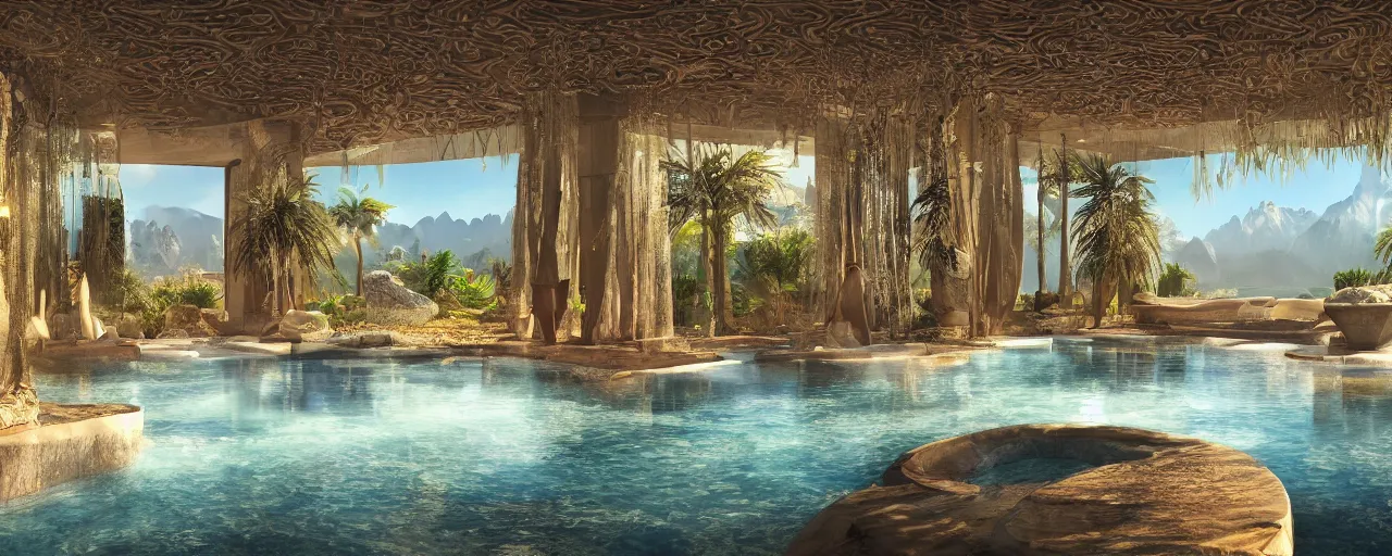 Image similar to surreal hyper luxury spa with intricate golden details with view to arid mountains and palm forest, ultra detailed, photorealism, sharp focus, volumetric light, global illumination