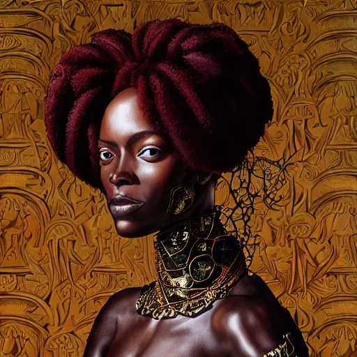 Prompt: a professionally painted african female model , clothed in ancient battle armor, dark skin, dark red hair, beautiful bone structure, symmetrical facial features, stunningly beautiful, intricate, elegant, digital painting, smooth, sharp focus, illustration, made by Kehinde Wiley and Kara Walker