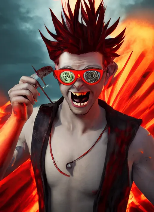 Image similar to An epic fantasy comic book style portrait painting of young man with red spiked long hair, using an orange lens googles. Wearing a black waistcoat, white shirt. He is with a vicious smile in face. Unreal 5, DAZ, hyperrealistic, octane render, cosplay, RPG portrait, dynamic lighting