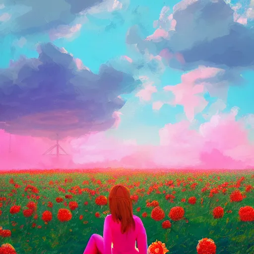 Image similar to giant rose flower head, full body girl sitting in a flower field, surreal photography, sunrise, dramatic light, impressionist painting, colorful clouds, digital painting, artstation, simon stalenhag