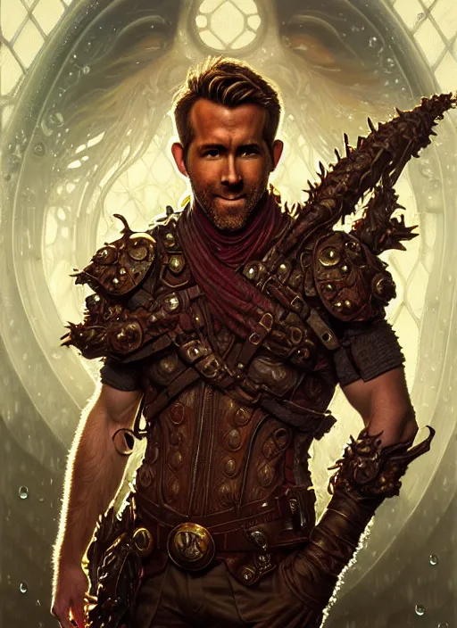 Prompt: portrait of ryan reynolds, d & d, wet, shiny, fantasy, intricate, elegant, hyper detailed, ultra definition, photoreal, artstation, unreal engine rendered, concept art, smooth, sharp focus, illustration, art by artgerm and greg rutkowski and alphonse mucha and garis edelweiss