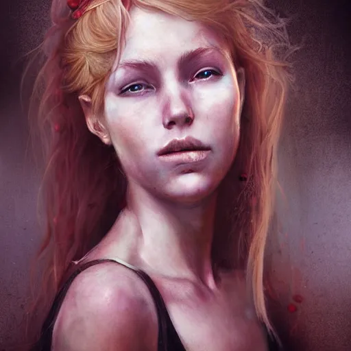 Prompt: portrait of woman with strawberry blond hair by bastien lecouffe - deharme and charles bowater, bangs, ponytail, black tank top