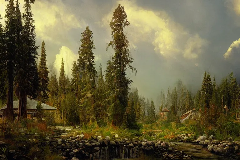 Image similar to A beautiful painting of russian village in dark forest by ivan shishkin and arkhip kuindji, trending on artstation,matte painting