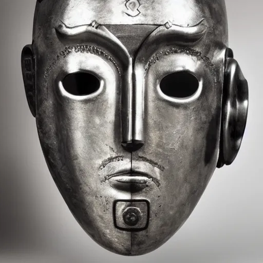 Image similar to photo portrait of 19 century brutal shiny metal face mask with fine detail engravings and runes cultist lord rich baron by Diane Arbus and Louis Daguerre