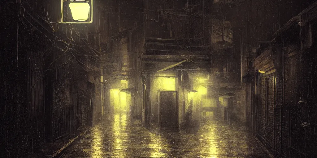 Image similar to quiet tokyo alley at night, raining, dim volumetric lighting, 8 k octane render, hdr, postprocessing, hyperdetailed, intricate, epic composition, cinematic lighting, masterpiece, trending on artstation, stunning artwork by anders zorn, extraordinary art by greg rutkowski