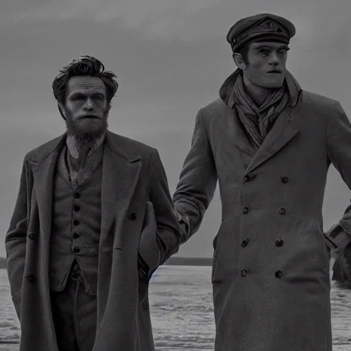 Image similar to Willem Dafoe and Robert Pattinson in The Lighthouse (2019), black and white cinematography