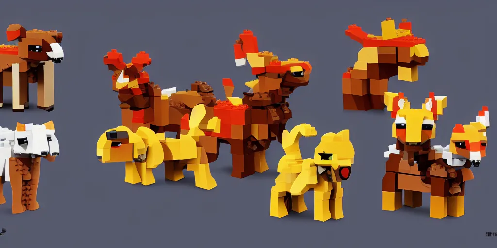 Prompt: small animals made of two or three bricks, four legged, quadrupedal, cute looking, kawaii, sharp focus, character sheet, game concept art, blocky, lego mixels