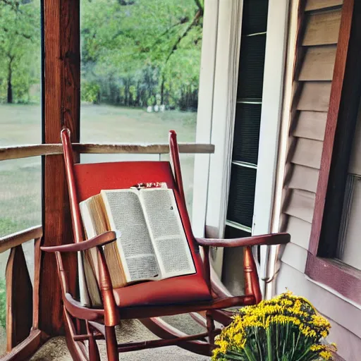 Prompt: a bible book set on top a rocking chair on a rural southern porch