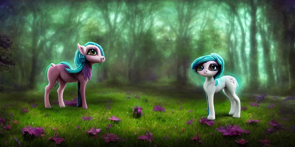 Prompt: 3 d littlest pet shop horse, realistic fur, soft lighting, faery, celtic, spooky, graves, stars, crypt, flowers, storm, blues, greens, teals, dark contrast, spooky, master painter and art style of noel coypel, art of emile eisman - semenowsky, art of edouard bisson