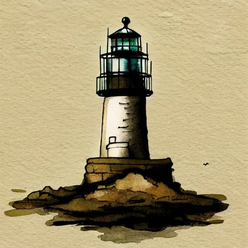 Prompt: beautiful watercolor and ink drawing of lighthouse dark background with clouds, artstation